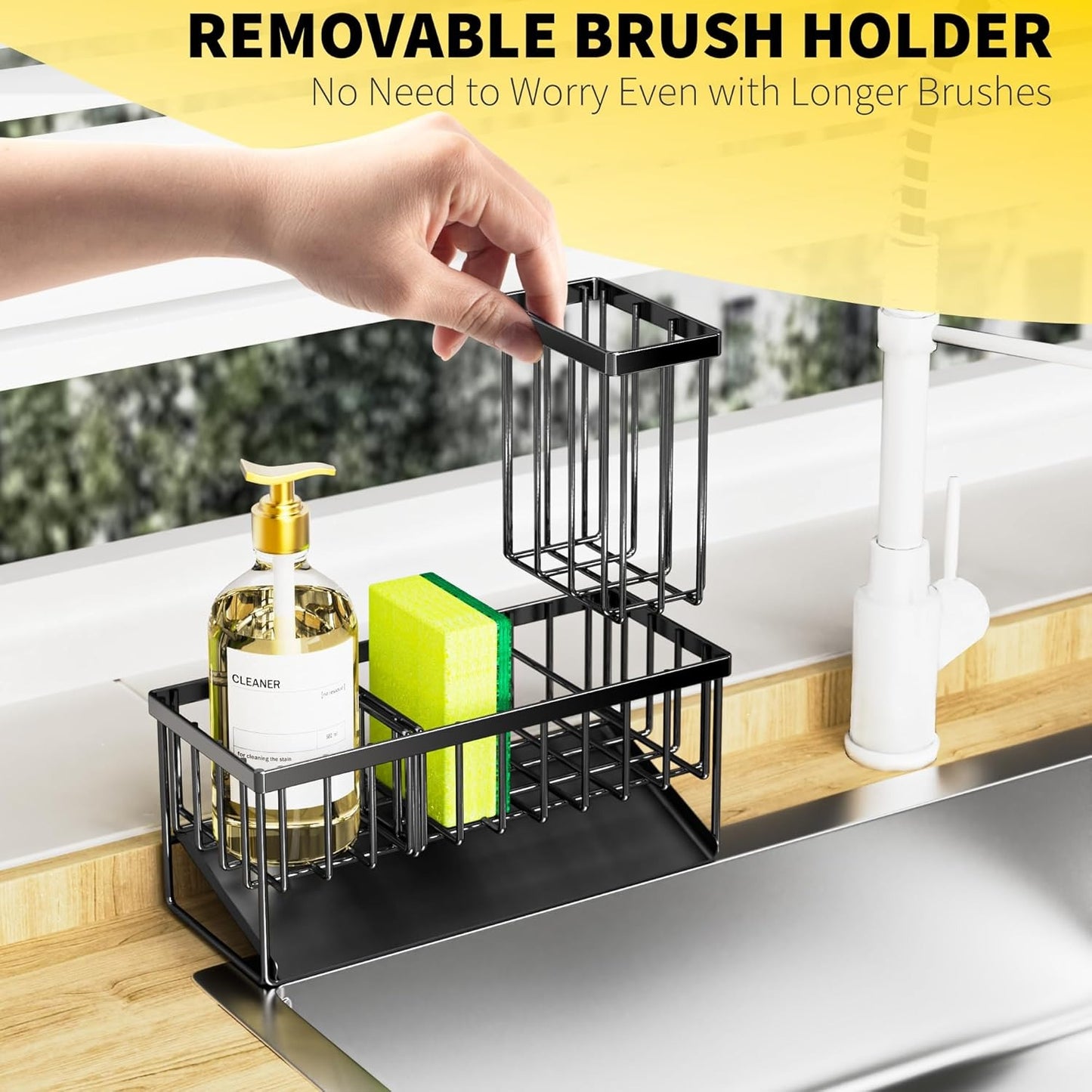Kitchen Sink Caddy Organizer – High Brush & Sponge Holder, 304 Rustproof Stainless Steel, Countertop Soap Dispenser, Kitchen Accessories & Decor