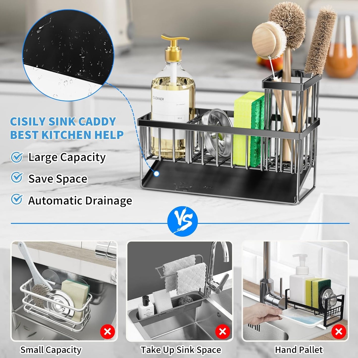 Kitchen Sink Caddy Organizer – High Brush & Sponge Holder, 304 Rustproof Stainless Steel, Countertop Soap Dispenser, Kitchen Accessories & Decor