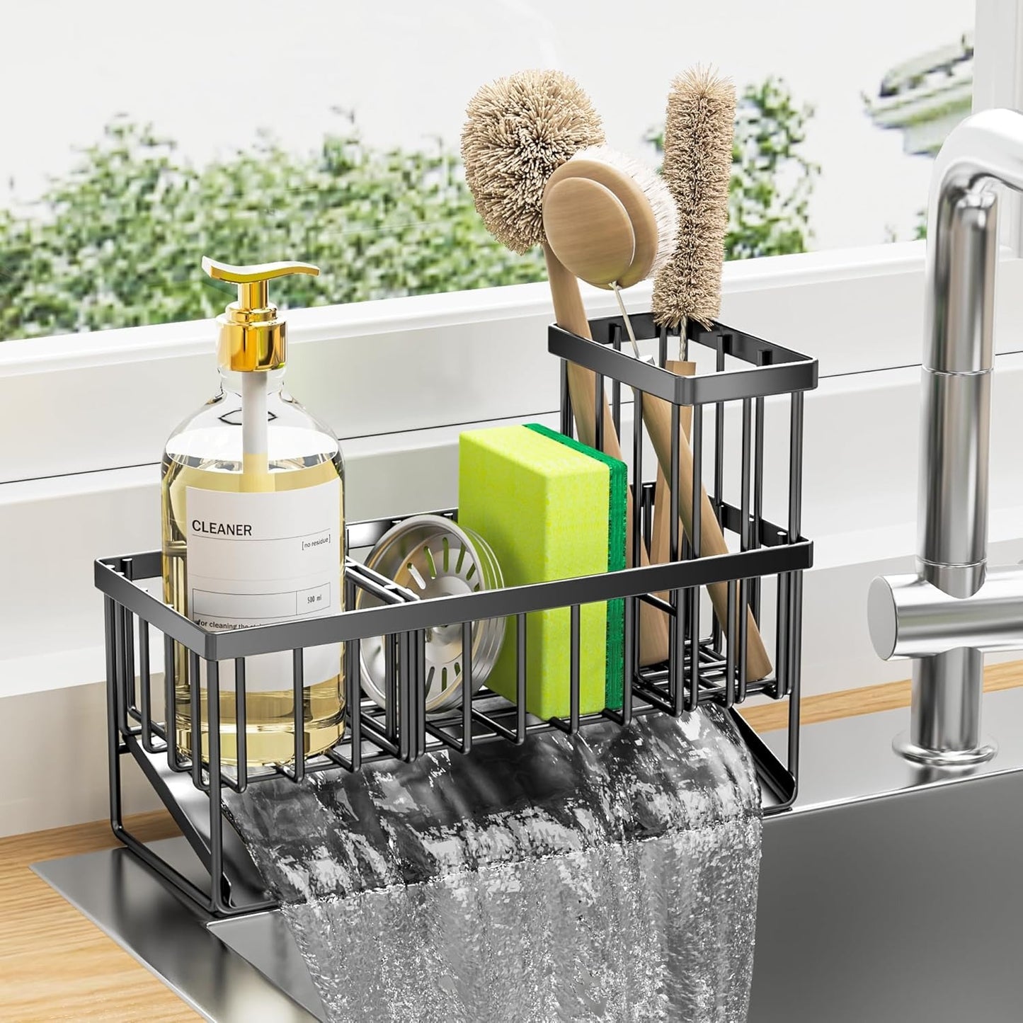Kitchen Sink Caddy Organizer – High Brush & Sponge Holder, 304 Rustproof Stainless Steel, Countertop Soap Dispenser, Kitchen Accessories & Decor