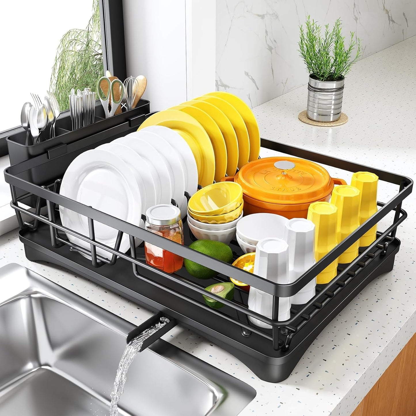 Dish Drying Rack for Kitchen Counter – Large Rustproof Dish Rack with Drainboard and Utensil Holder, Black