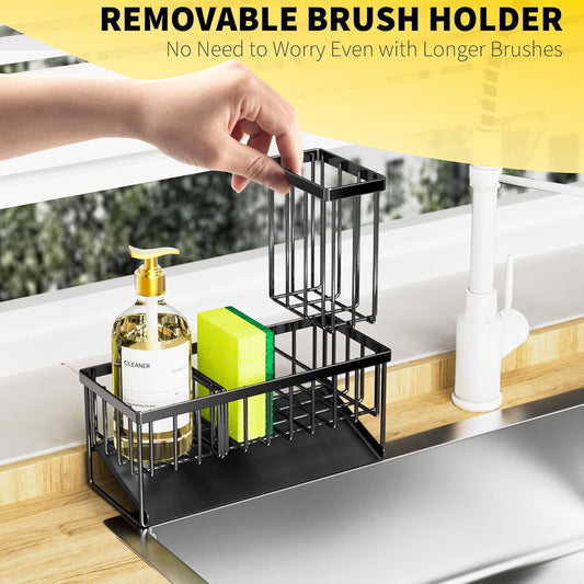 Kitchen Sink Caddy Organizer – High Brush & Sponge Holder, 304 Rustproof Stainless Steel, Countertop Soap Dispenser, Kitchen Accessories & Decor