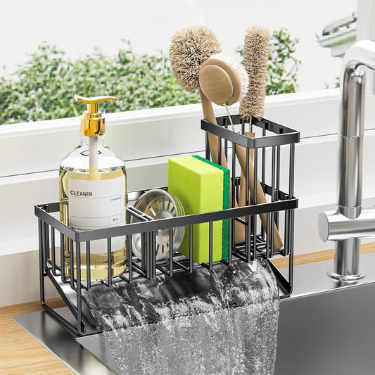 Kitchen Sink Caddy Organizer – High Brush & Sponge Holder, 304 Rustproof Stainless Steel, Countertop Soap Dispenser, Kitchen Accessories & Decor