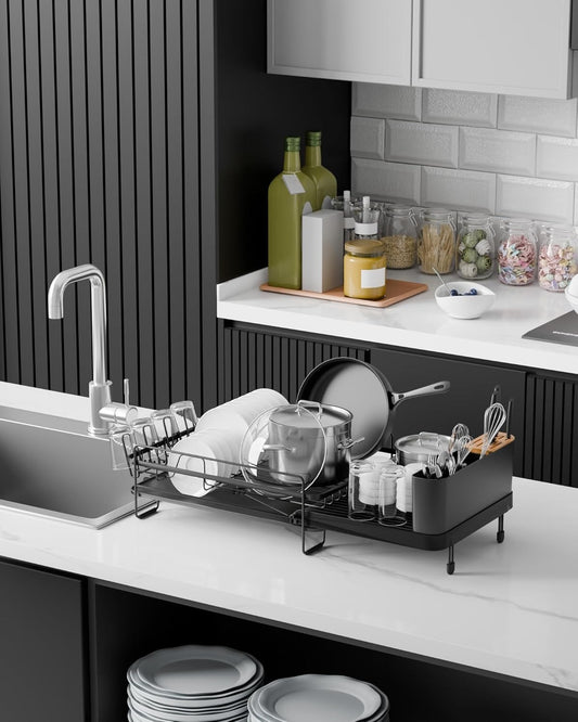 Large Extendable Dish Drying Rack – Multifunctional Kitchen Counter Rack with Cutlery & Cup Holders, Anti-Rust, 19.2"-26.7" L x 12.9" W, Black
