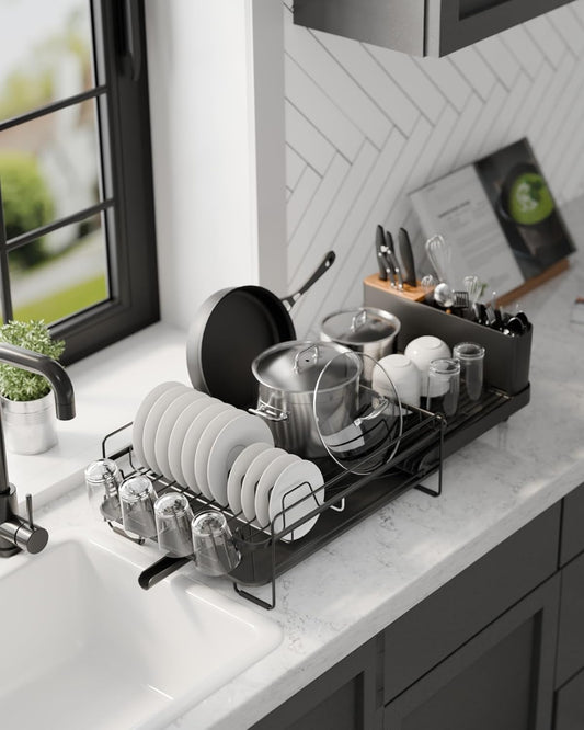Large Extendable Dish Drying Rack – Multifunctional Kitchen Counter Rack with Cutlery & Cup Holders, Anti-Rust, 19.2"-26.7" L x 12.9" W, Black