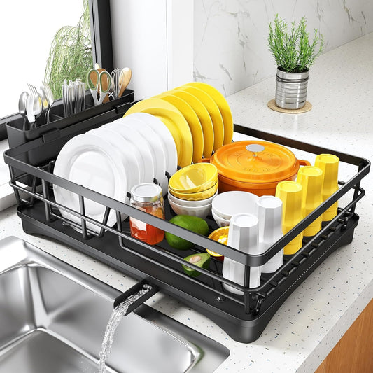 Dish Drying Rack for Kitchen Counter – Large Rustproof Dish Rack with Drainboard and Utensil Holder, Black