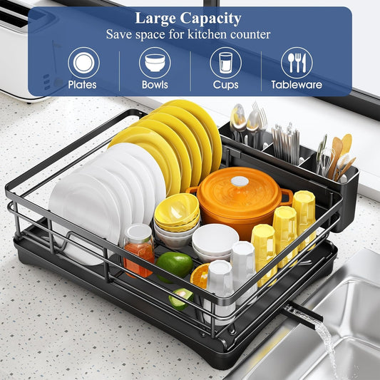 Dish Drying Rack for Kitchen Counter – Large Rustproof Dish Rack with Drainboard and Utensil Holder, Black